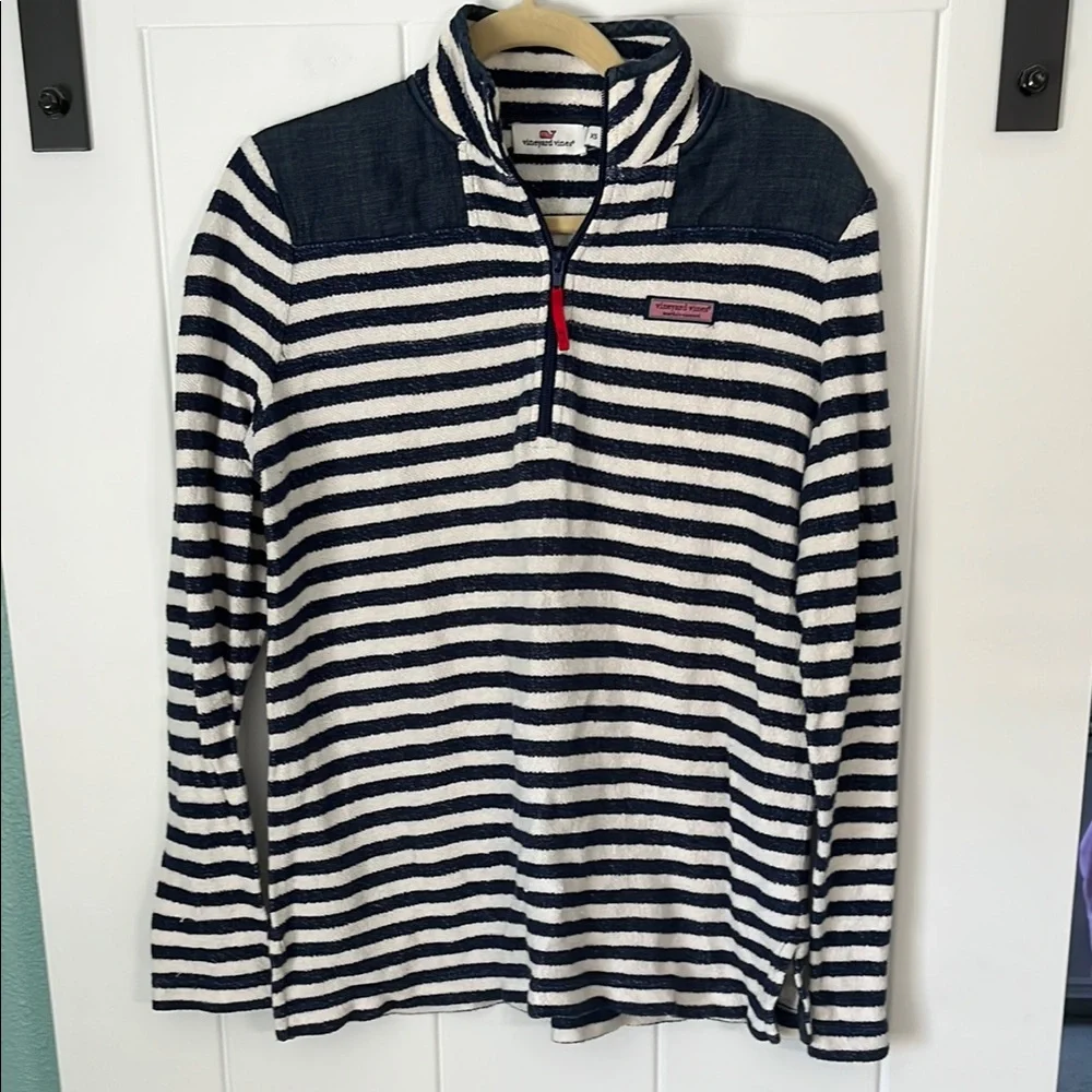 Vineyard Vines Navy and White Striped Quater-Zip Pullover